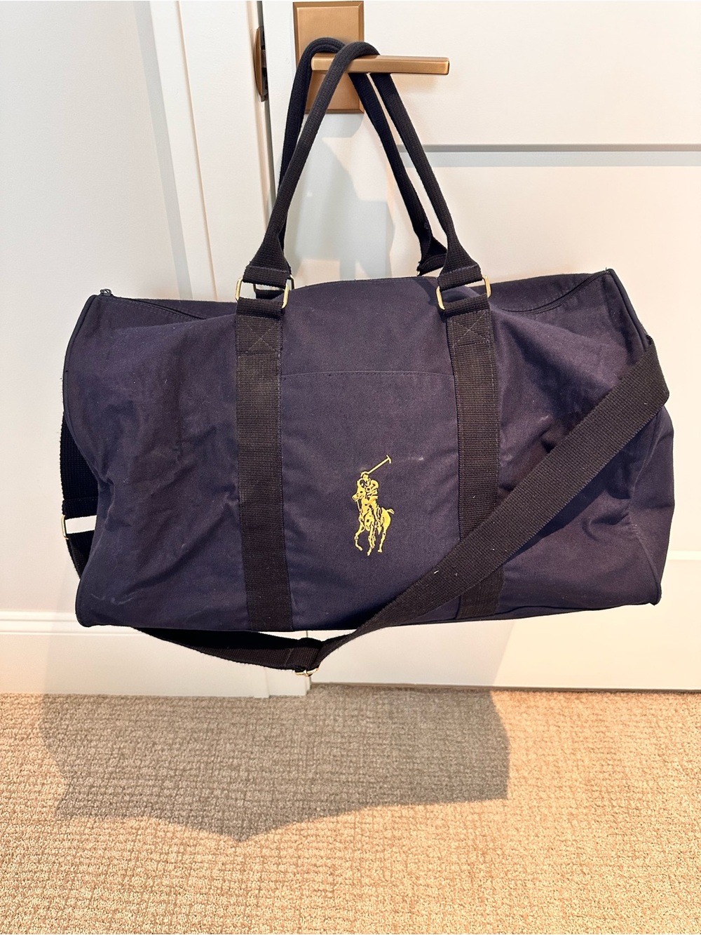 Polo by Ralph Lauren Navy Canvas Duffel Bag with Yellow Logo (VINTAGE)